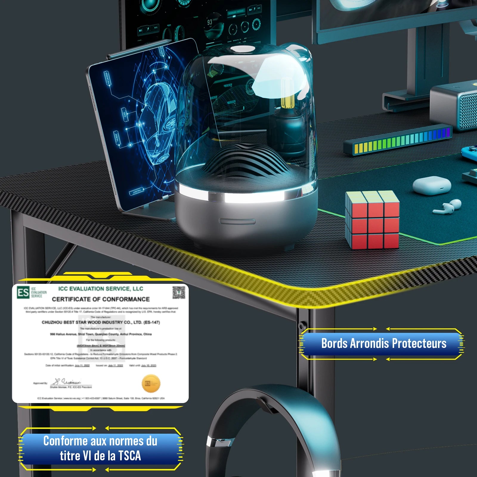 bureau d'angle avec port de charge USB et prise